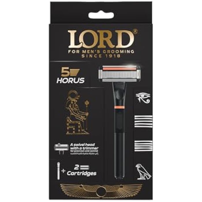 Lord Horus 5 Blade Men’s Razor – Handle + 2 Cartridges with Trimmer & Lubricating Strip - Image 1